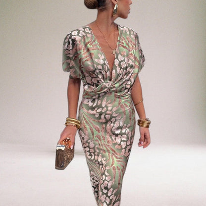 Femme Robe Maxi Manches Courtes avec Col en V Twisté et Imprimé Animalier
