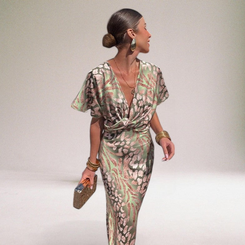 Femme Robe Maxi Manches Courtes avec Col en V Twisté et Imprimé Animalier