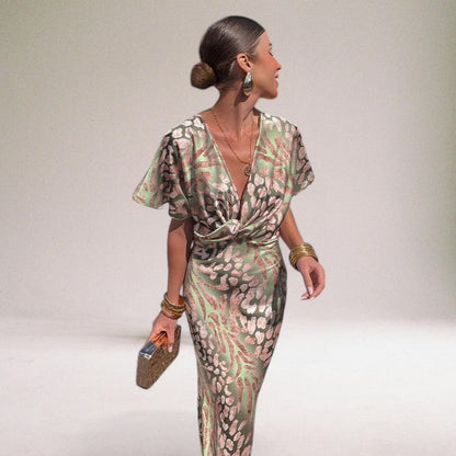 Femme Robe Maxi Manches Courtes avec Col en V Twisté et Imprimé Animalier