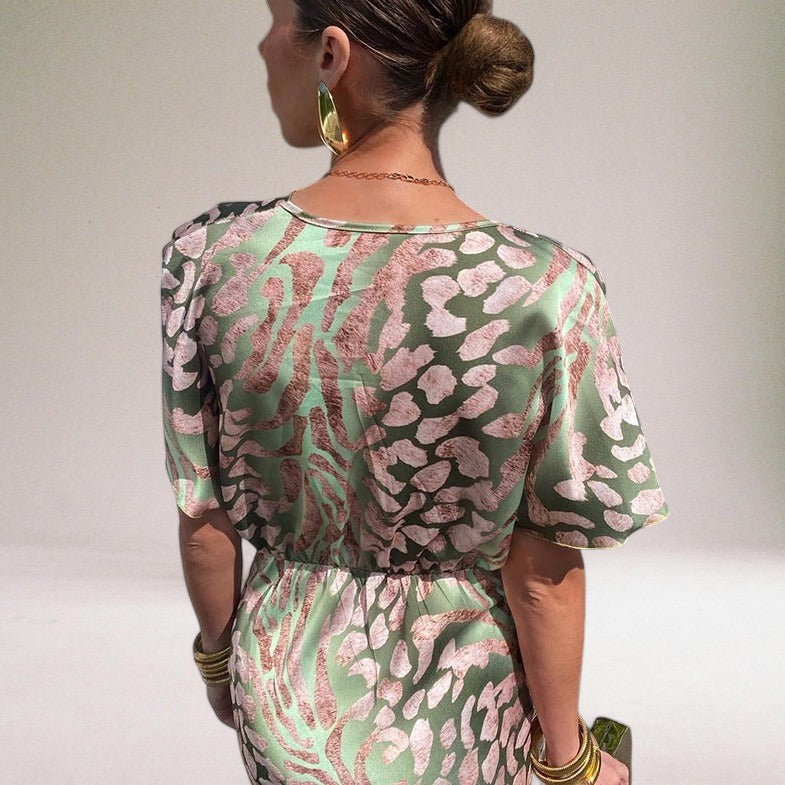 Femme Robe Maxi Manches Courtes avec Col en V Twisté et Imprimé Animalier
