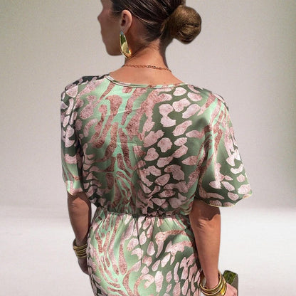 Femme Robe Maxi Manches Courtes avec Col en V Twisté et Imprimé Animalier