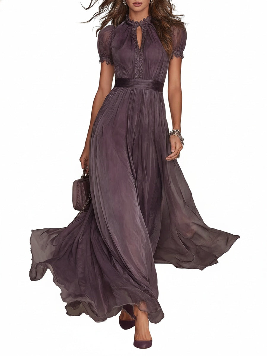 Femme Robe Maxi Manches Courtes avec Encolure Keyhole et Jupe Volantée
