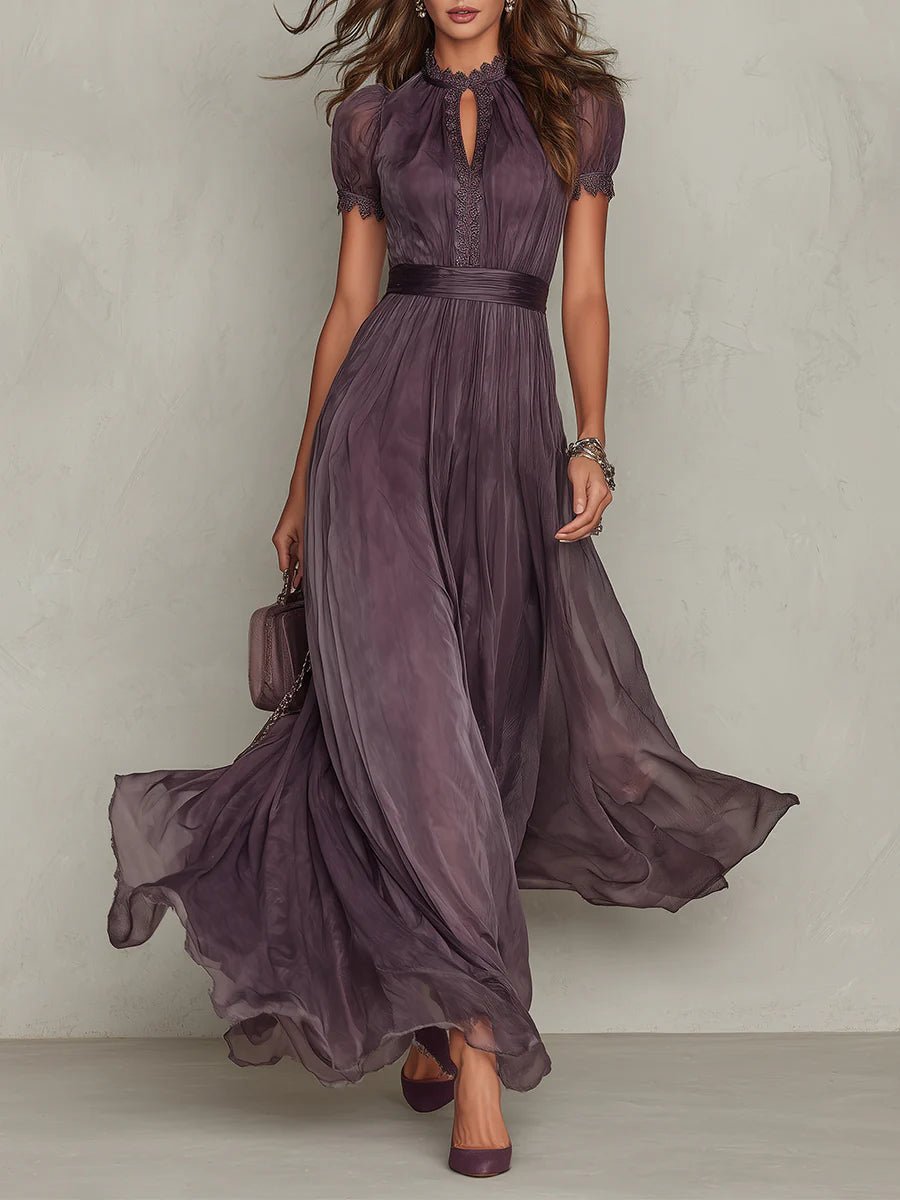 Femme Robe Maxi Manches Courtes avec Encolure Keyhole et Jupe Volantée