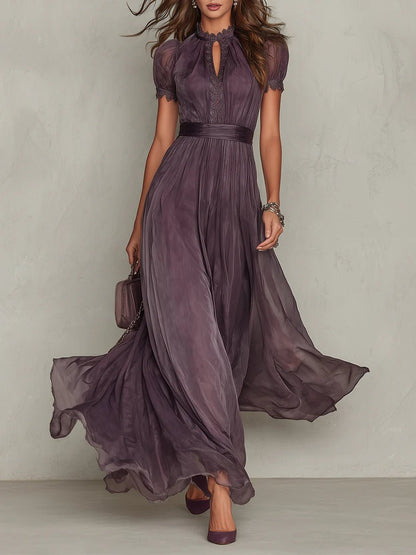 Femme Robe Maxi Manches Courtes avec Encolure Keyhole et Jupe Volantée