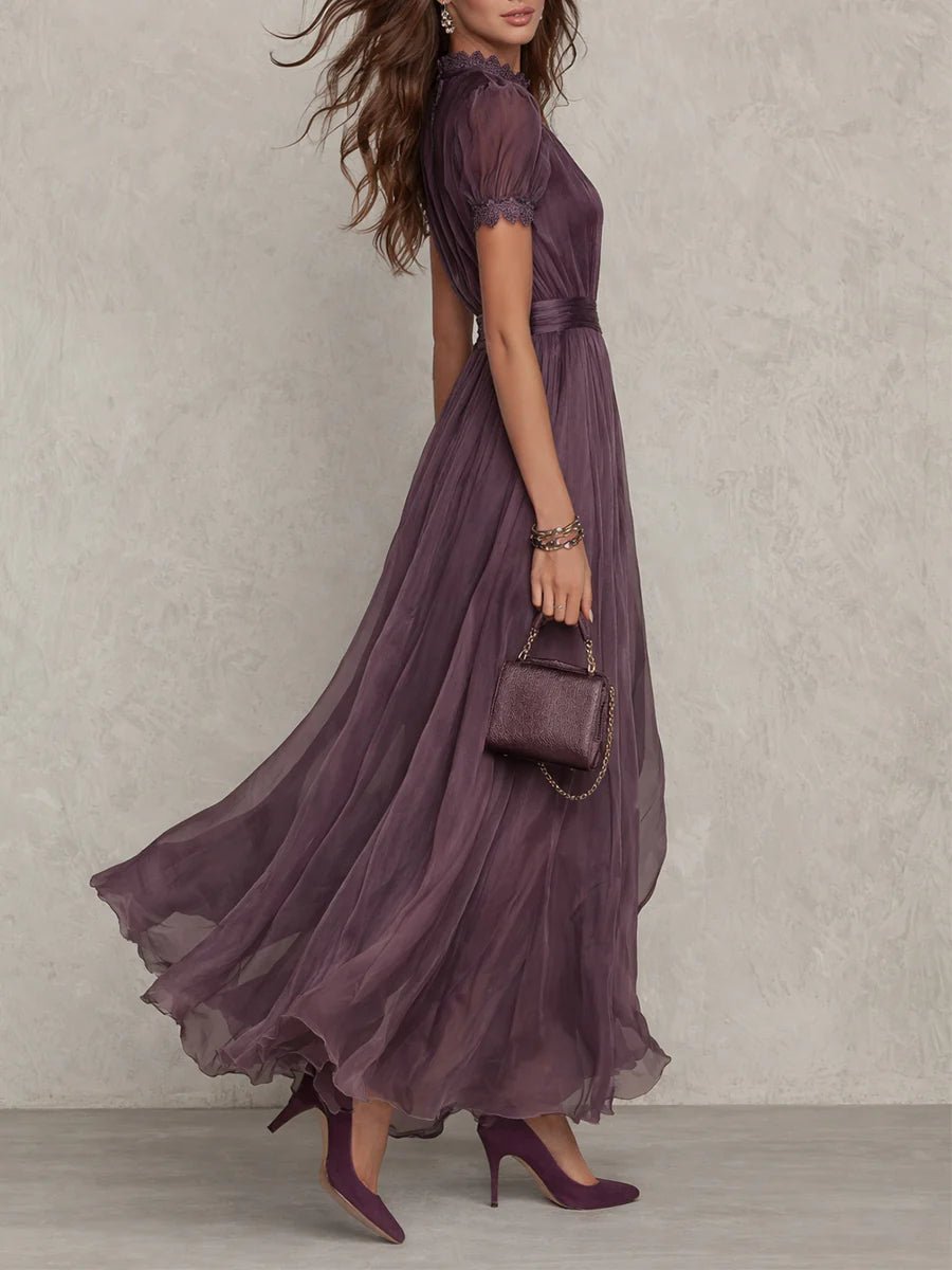 Femme Robe Maxi Manches Courtes avec Encolure Keyhole et Jupe Volantée