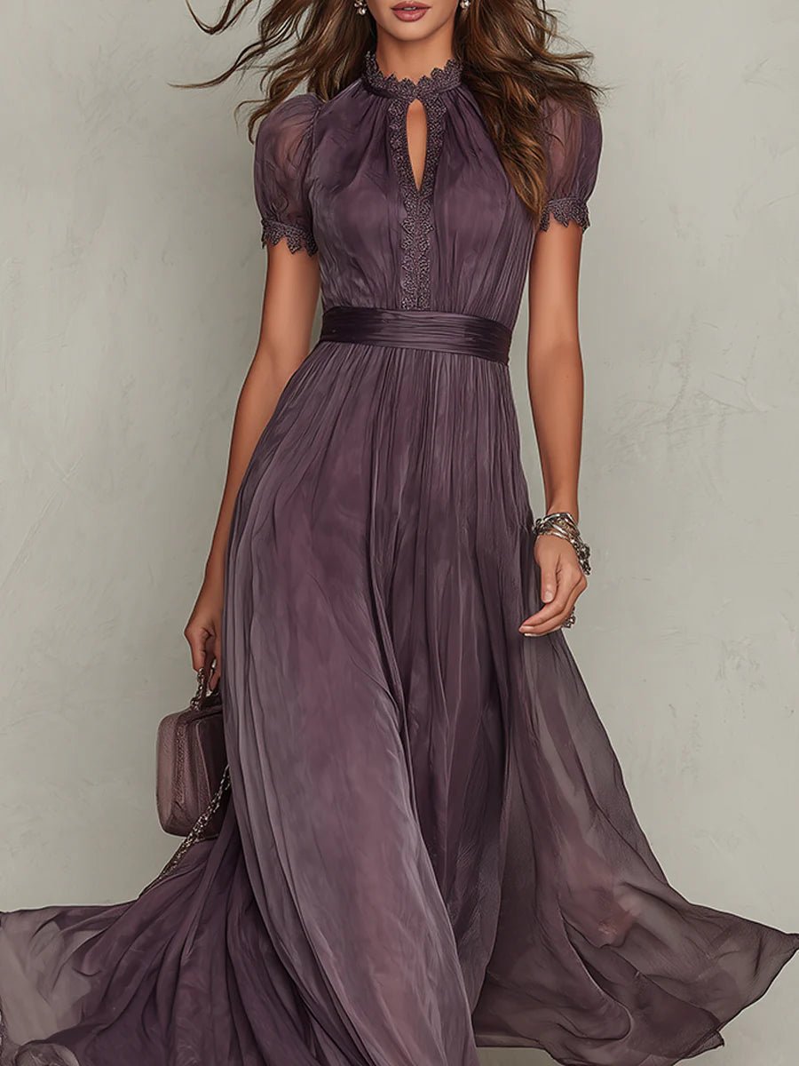 Femme Robe Maxi Manches Courtes avec Encolure Keyhole et Jupe Volantée
