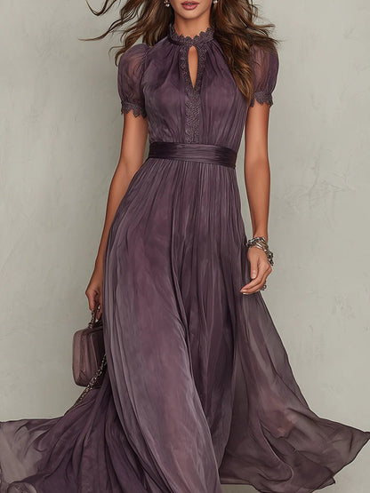 Femme Robe Maxi Manches Courtes avec Encolure Keyhole et Jupe Volantée