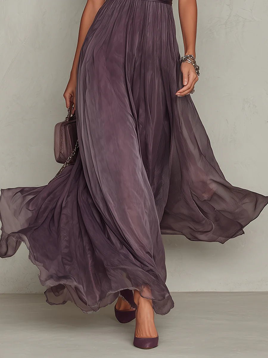 Femme Robe Maxi Manches Courtes avec Encolure Keyhole et Jupe Volantée