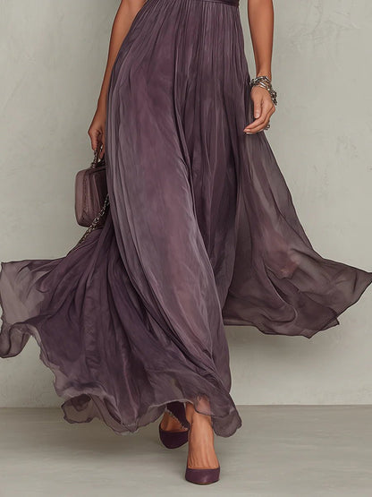 Femme Robe Maxi Manches Courtes avec Encolure Keyhole et Jupe Volantée