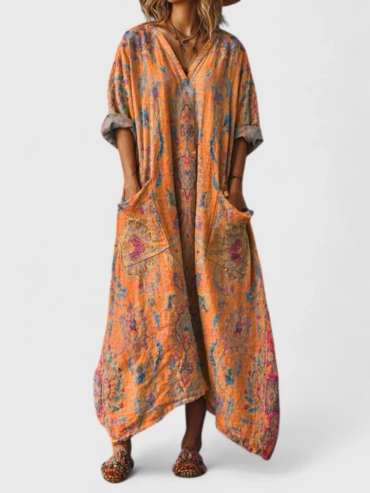 Femme Robe Maxi Oversize à Imprimé Bohème avec Col en V et Poches