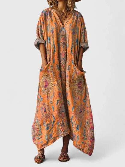 Femme Robe Maxi Oversize à Imprimé Bohème avec Col en V et Poches