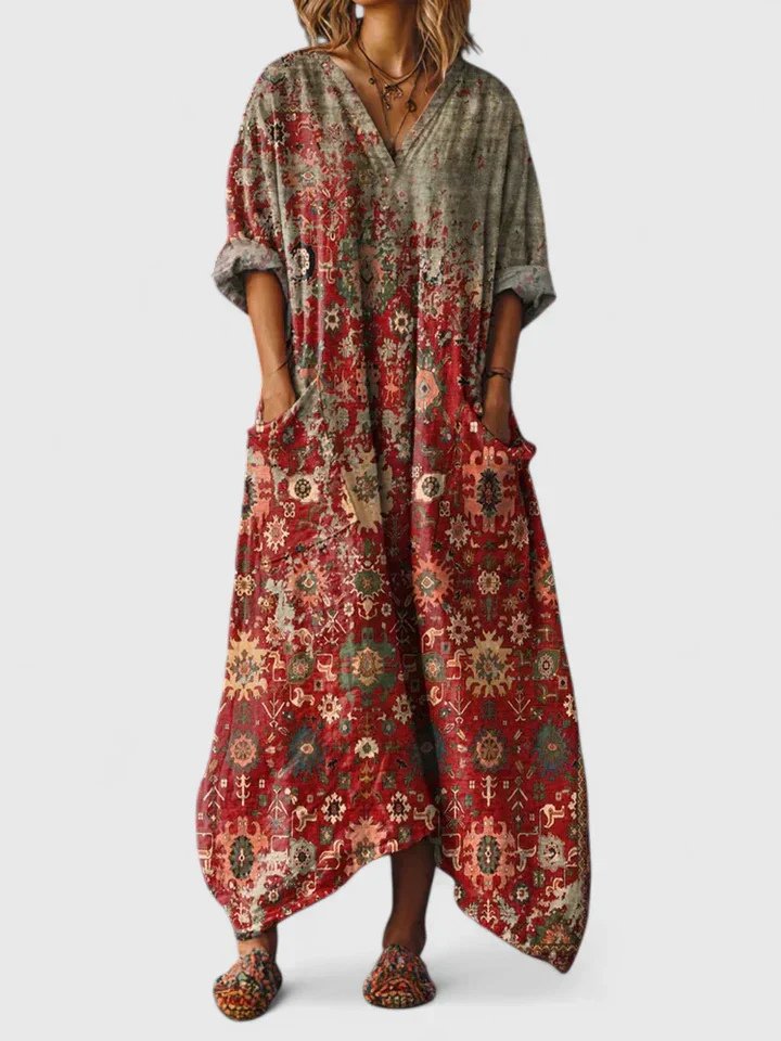 Femme Robe Maxi Oversize à Imprimé Bohème avec Col en V et Poches
