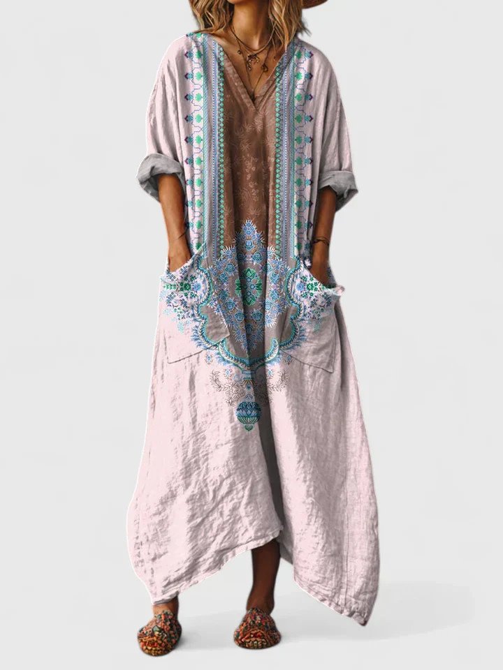 Femme Robe Maxi Oversize à Imprimé Bohème avec Col en V et Poches