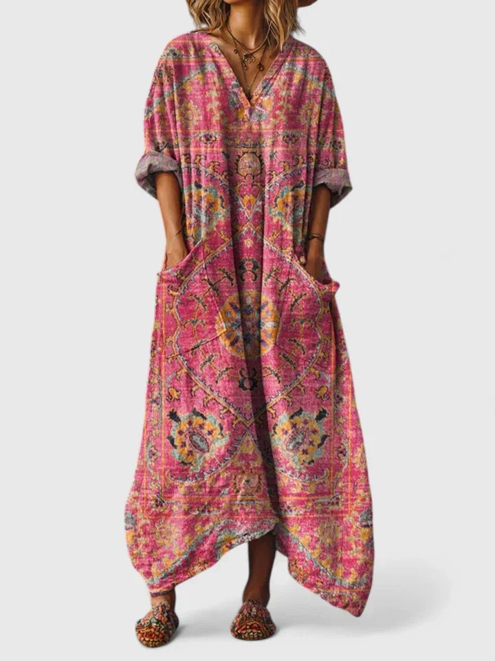 Femme Robe Maxi Oversize à Imprimé Bohème avec Col en V et Poches