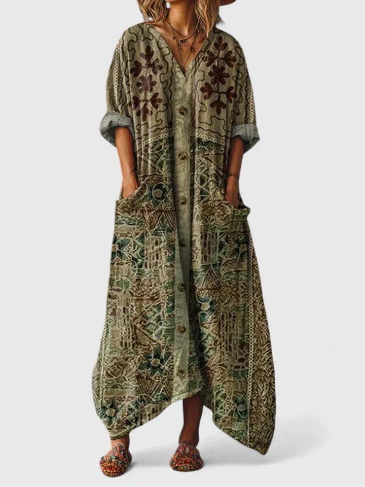 Femme Robe Maxi Oversize à Imprimé Bohème avec Col en V et Poches