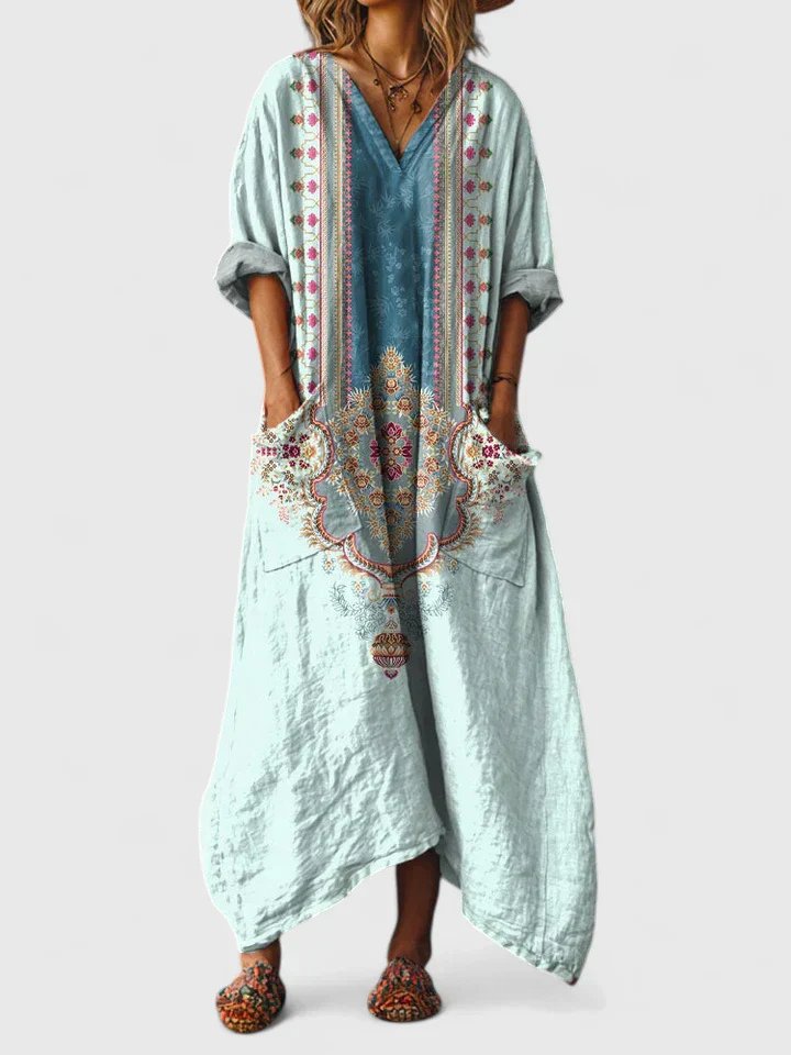 Femme Robe Maxi Oversize à Imprimé Bohème avec Col en V et Poches