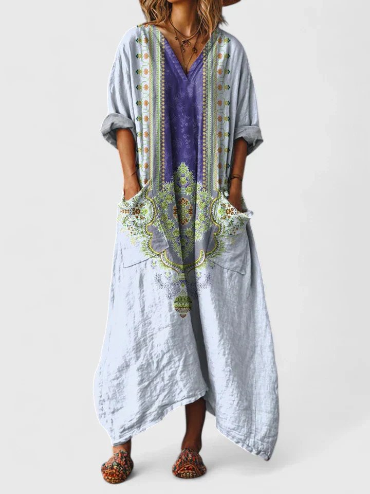 Femme Robe Maxi Oversize à Imprimé Bohème avec Col en V et Poches