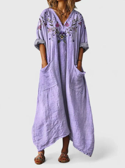 Femme Robe Maxi Oversize à Imprimé Bohème avec Col en V et Poches