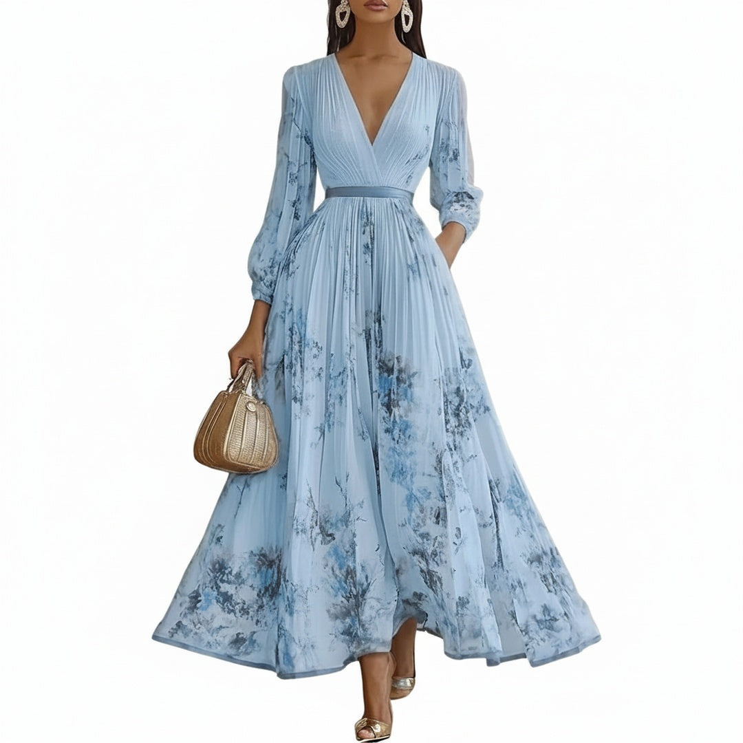 Femme Robe Maxi Plissée à Col en V et Imprimé Floral avec Ceinture