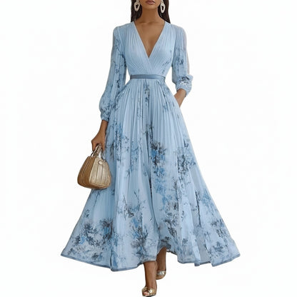 Femme Robe Maxi Plissée à Col en V et Imprimé Floral avec Ceinture