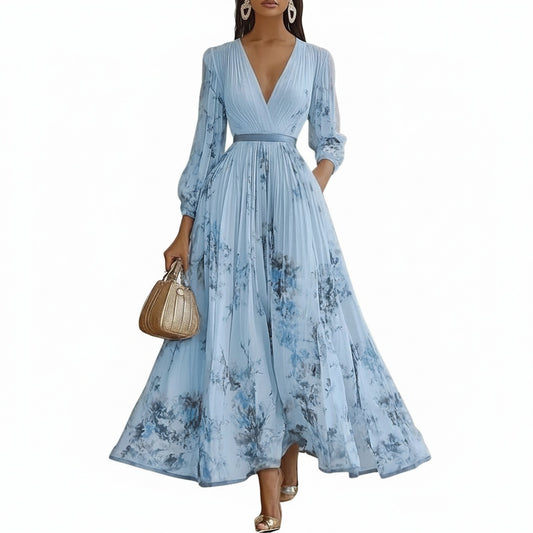 Femme Robe Maxi Plissée à Col en V et Imprimé Floral avec Ceinture