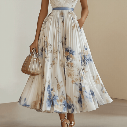 Femme Robe Maxi Plissée à Col en V et Imprimé Floral avec Ceinture