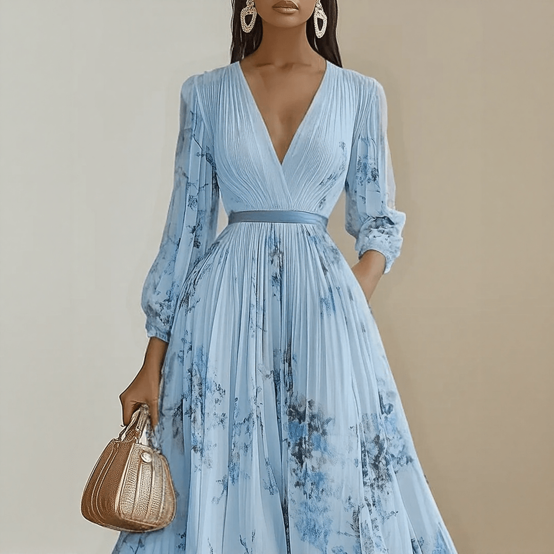 Femme Robe Maxi Plissée à Col en V et Imprimé Floral avec Ceinture
