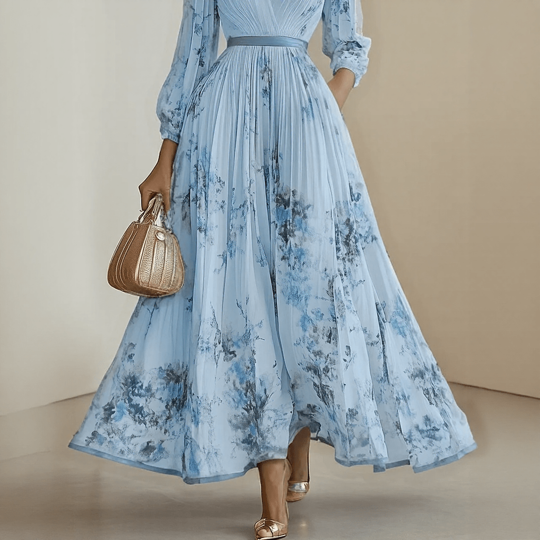 Femme Robe Maxi Plissée à Col en V et Imprimé Floral avec Ceinture
