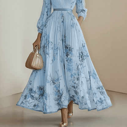 Femme Robe Maxi Plissée à Col en V et Imprimé Floral avec Ceinture