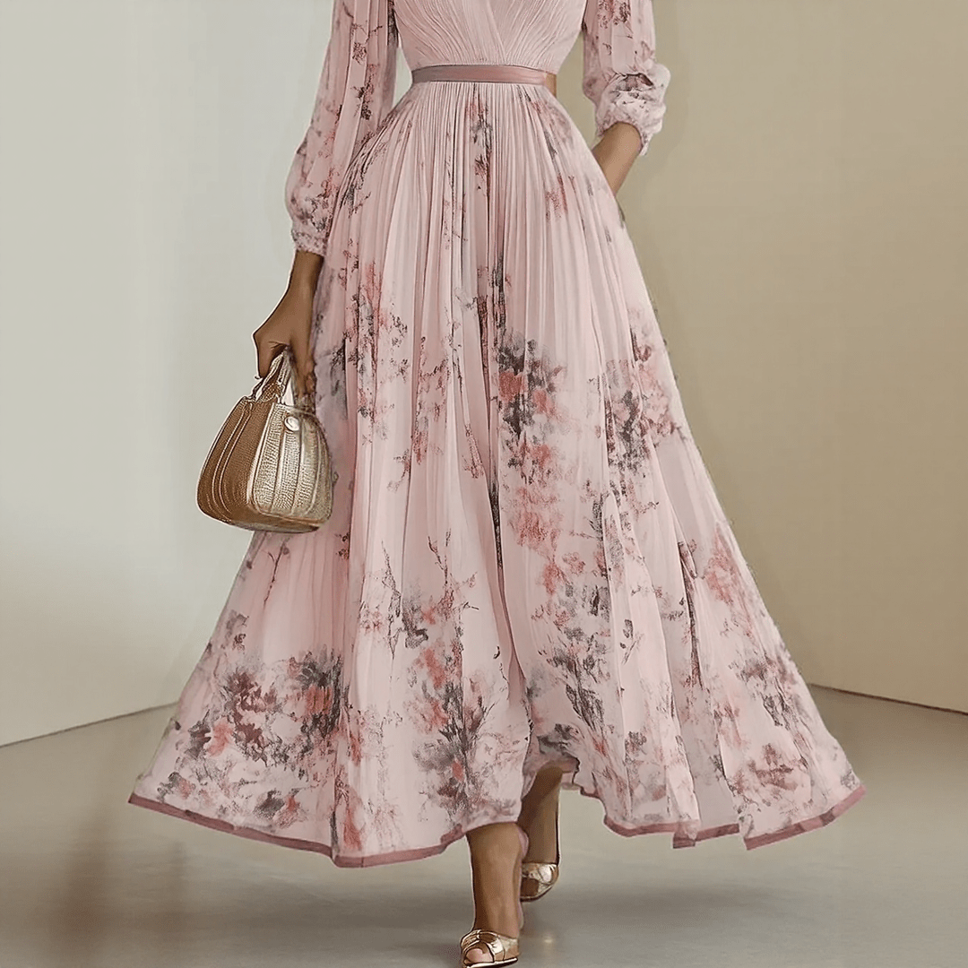 Femme Robe Maxi Plissée à Col en V et Imprimé Floral avec Ceinture