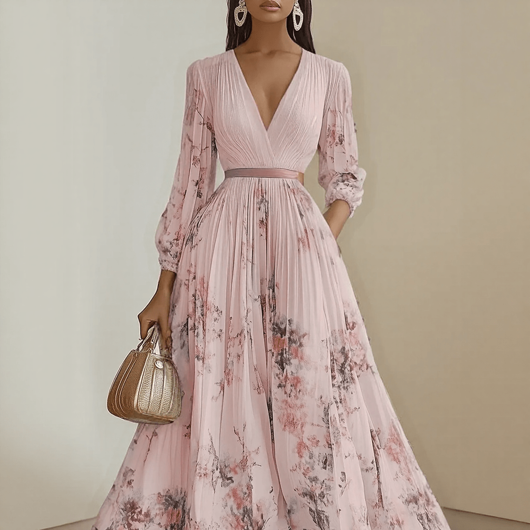 Femme Robe Maxi Plissée à Col en V et Imprimé Floral avec Ceinture