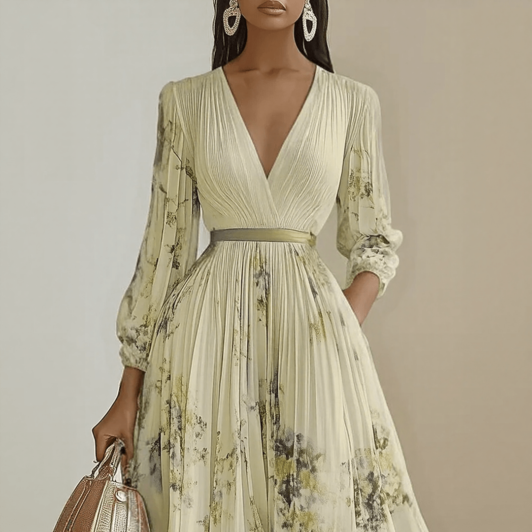 Femme Robe Maxi Plissée à Col en V et Imprimé Floral avec Ceinture