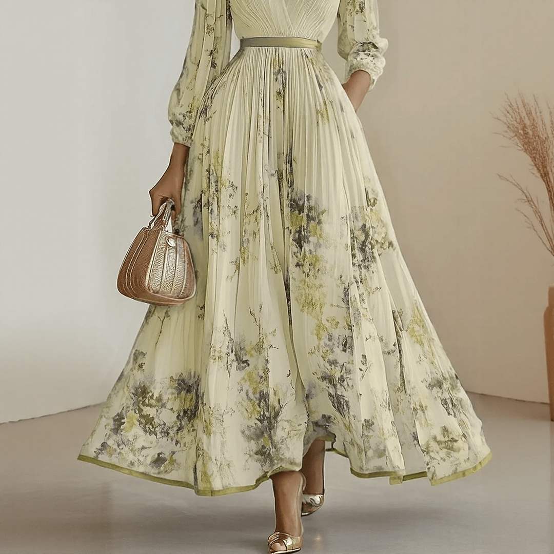 Femme Robe Maxi Plissée à Col en V et Imprimé Floral avec Ceinture