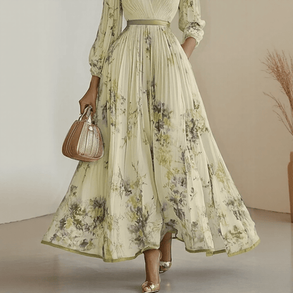 Femme Robe Maxi Plissée à Col en V et Imprimé Floral avec Ceinture