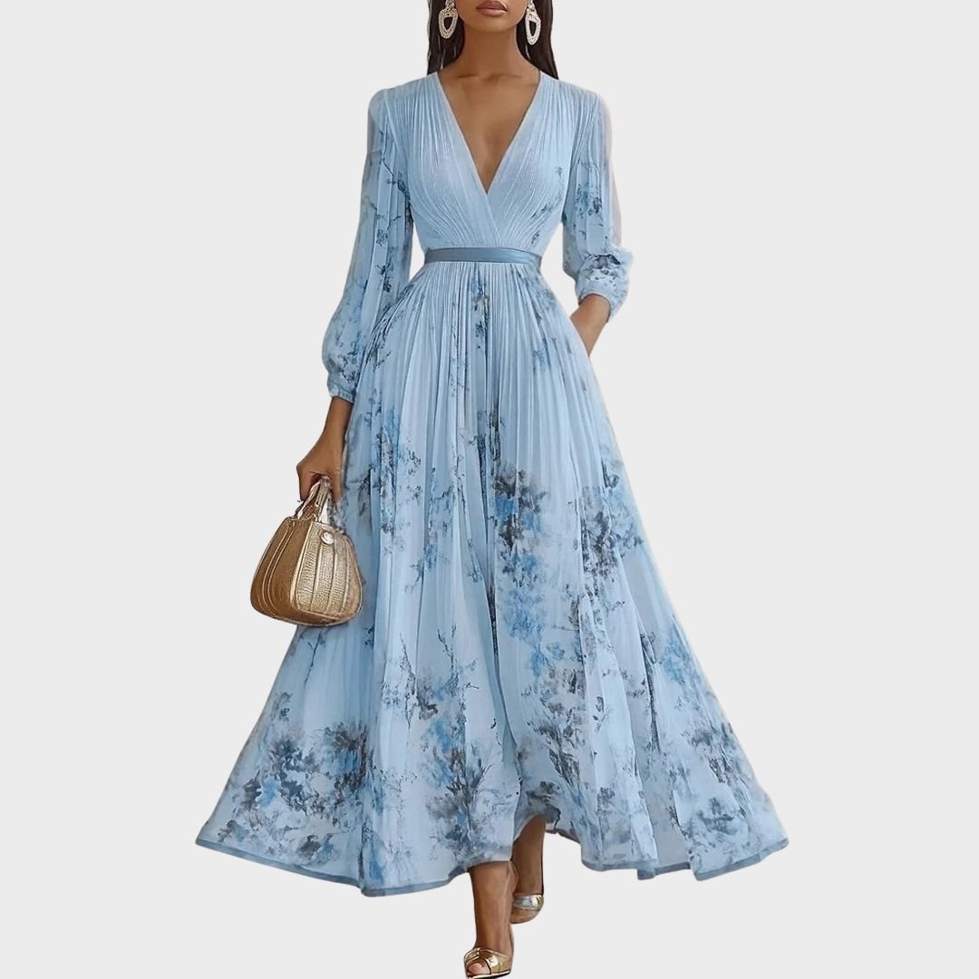 Femme Robe Maxi Plissée à Col en V et Imprimé Floral avec Ceinture