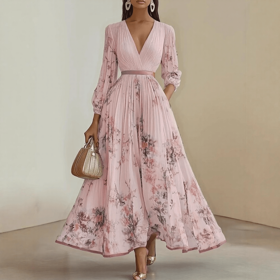 Femme Robe Maxi Plissée à Col en V et Imprimé Floral avec Ceinture