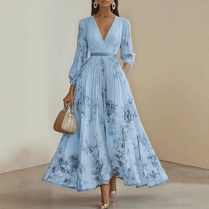 Femme Robe Maxi Plissée à Col en V et Imprimé Floral avec Ceinture
