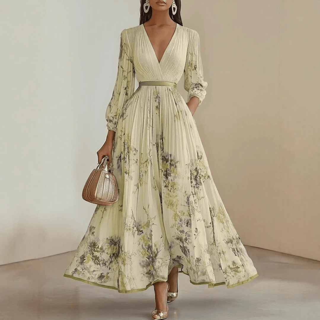Femme Robe Maxi Plissée à Col en V et Imprimé Floral avec Ceinture