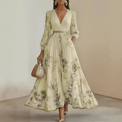 Femme Robe Maxi Plissée à Col en V et Imprimé Floral avec Ceinture