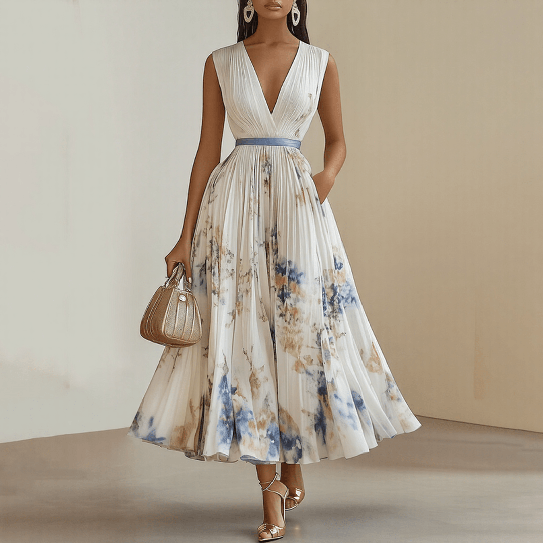 Femme Robe Maxi Plissée à Col en V et Imprimé Floral avec Ceinture