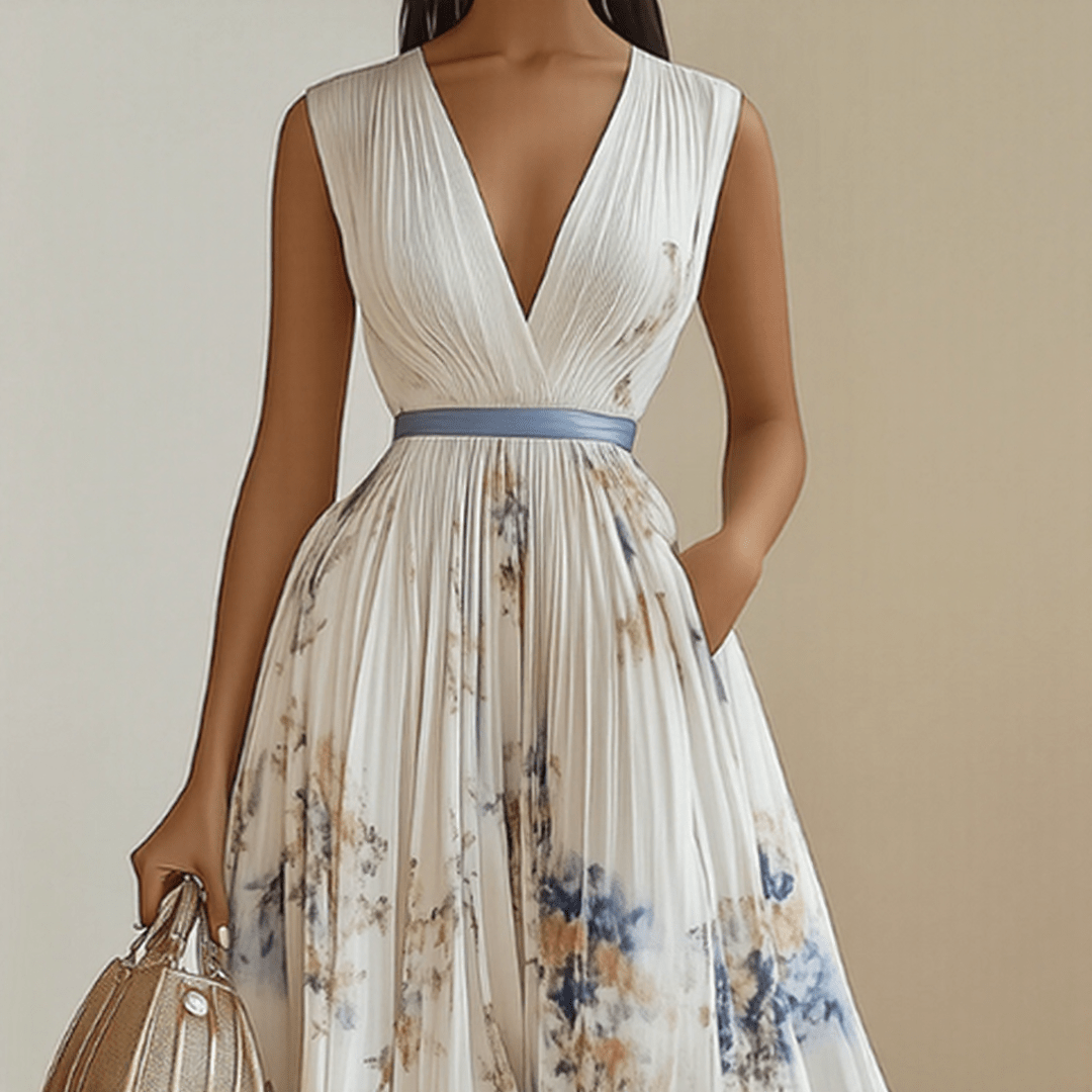 Femme Robe Maxi Plissée à Col en V et Imprimé Floral avec Ceinture