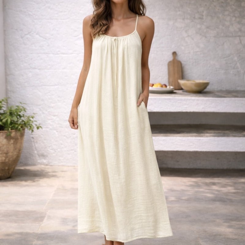 Femme Robe Maxi sans Manches à Bretelles Fines avec Dos Ouvert et Poches