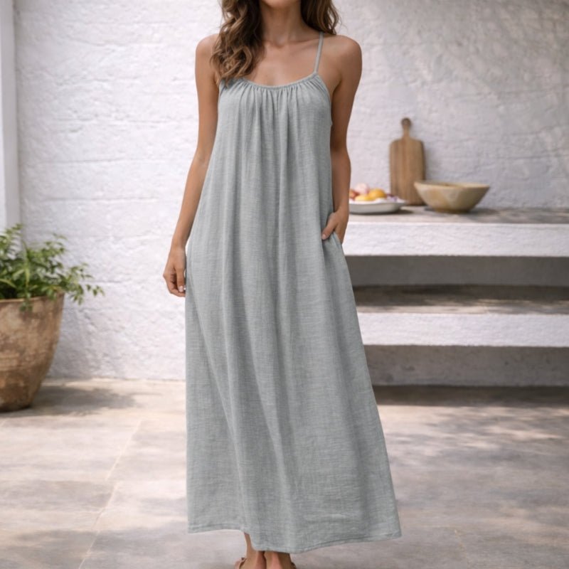 Femme Robe Maxi sans Manches à Bretelles Fines avec Dos Ouvert et Poches