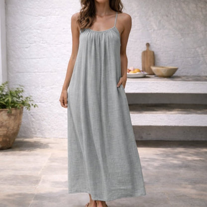 Femme Robe Maxi sans Manches à Bretelles Fines avec Dos Ouvert et Poches