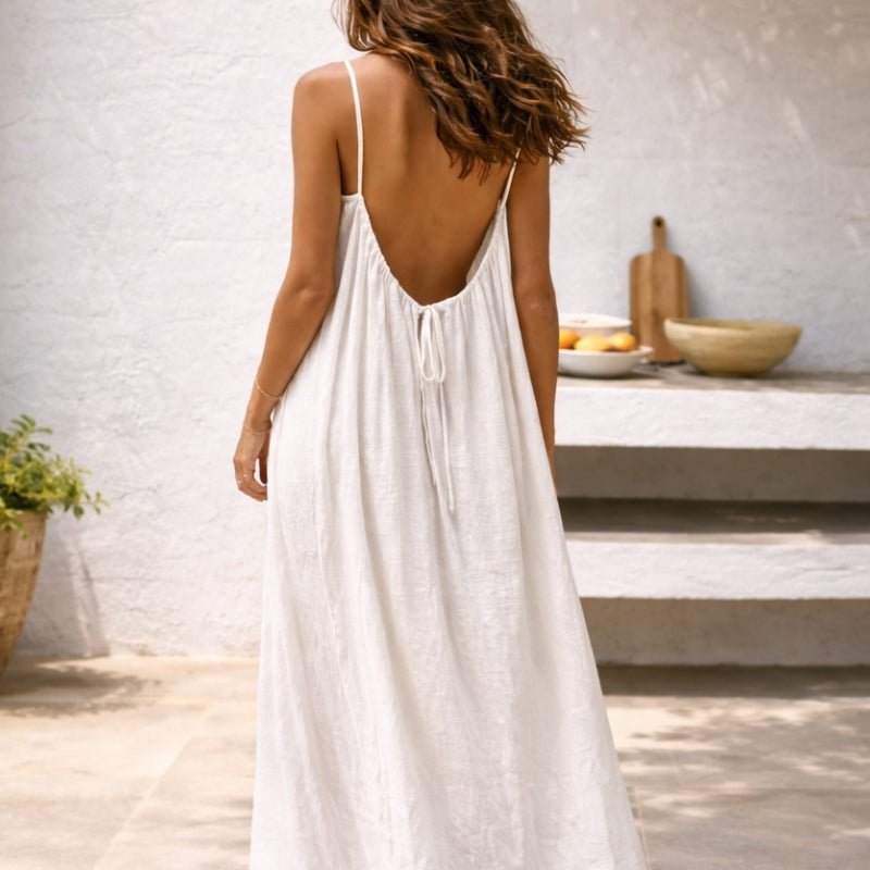 Femme Robe Maxi sans Manches à Bretelles Fines avec Dos Ouvert et Poches