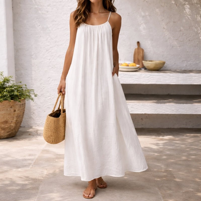 Femme Robe Maxi sans Manches à Bretelles Fines avec Dos Ouvert et Poches