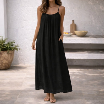 Femme Robe Maxi sans Manches à Bretelles Fines avec Dos Ouvert et Poches