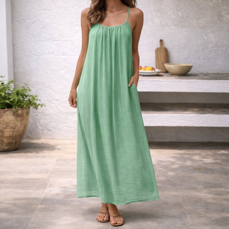 Femme Robe Maxi sans Manches à Bretelles Fines avec Dos Ouvert et Poches