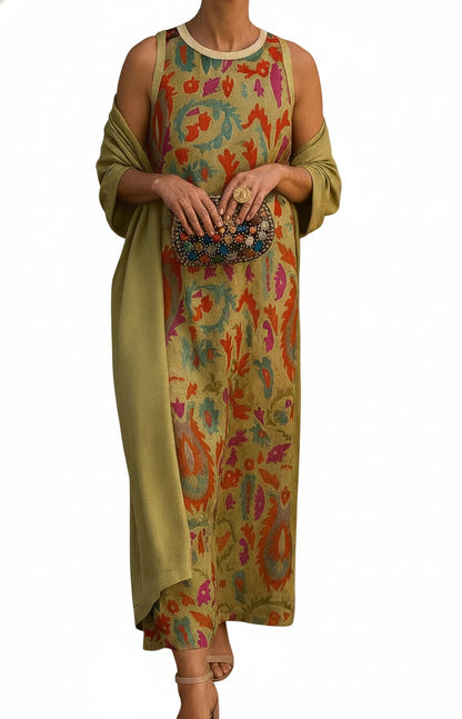 Femme Robe Maxi Sans Manches à Imprimé Floral avec Manteau Assorti Col Rond