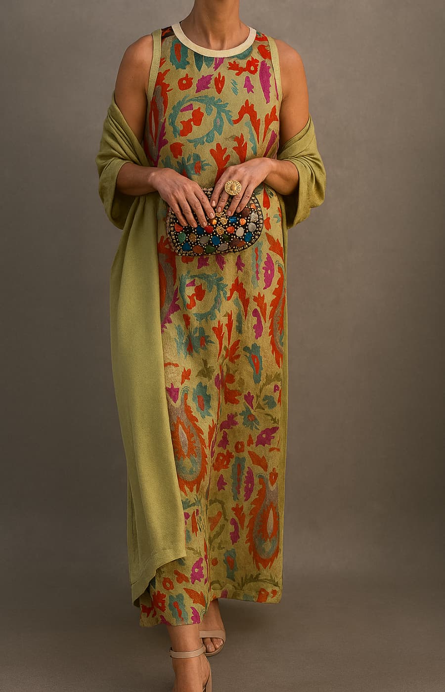 Femme Robe Maxi Sans Manches à Imprimé Floral avec Manteau Assorti Col Rond